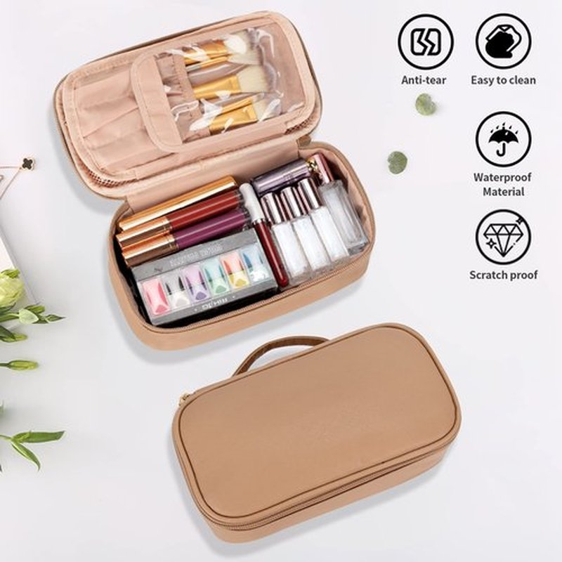 OCHEAL Small Makeup Bag,Portable Cute Travel Makeup Bag Pouch for Women Girls Makeup Brush Organizer Cosmetics Bags with Compartment-Beige Apricot