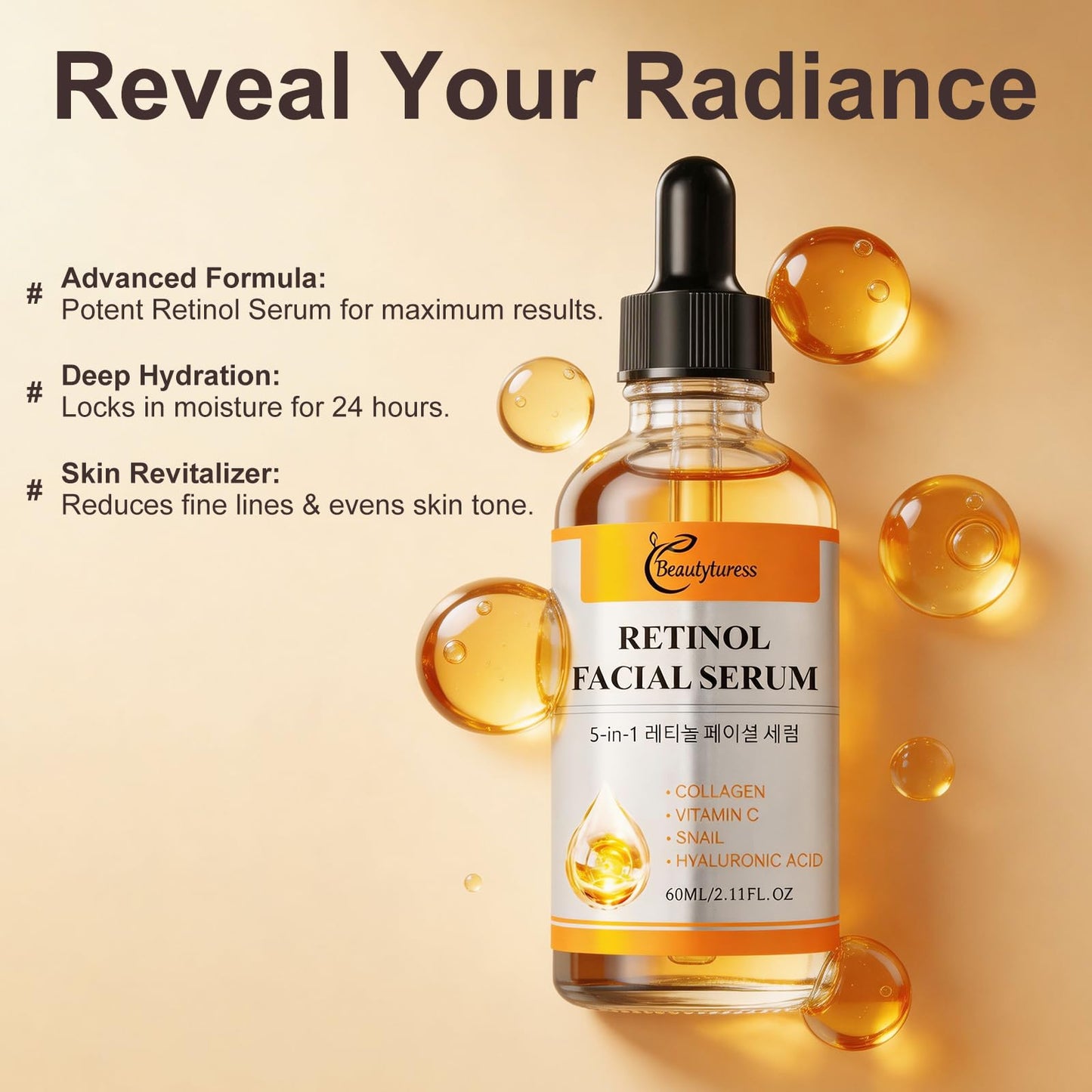 Collagen Facial Serum with Retinol, Vitamin C, Snail Mucin & Hyaluronic Acid-2 fl.oz-Age-Defying & Balancing Essence - Deeply Hydrating & Enhancing Formula - Daily Skin Care for a Supple, Radiant Look