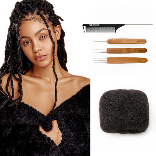 FAMILOCS Afro Kinky Bulk Human Hair for Draedlock Extensions, Repair Locs, Twists and Braids (12 Inch 30g/1oz, Natural black #1B)