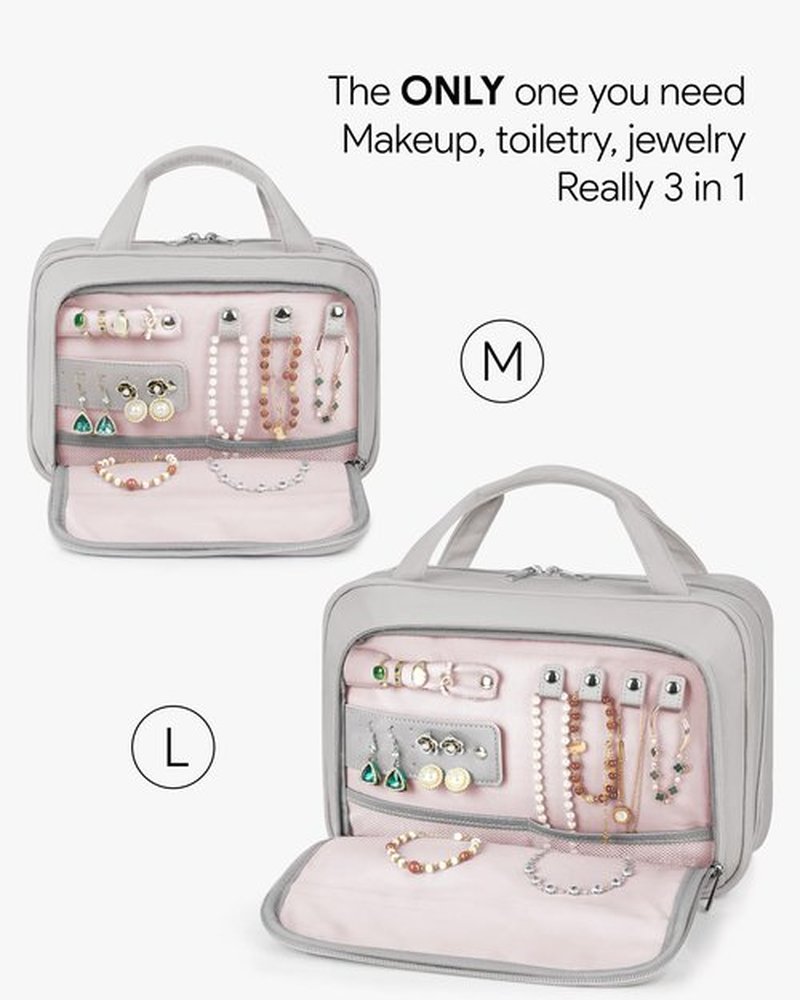 OlarHike Travel Toiletry Hanging Bag Waterproof, Makeup bag, Toiletries, Jewelry, Travel Essentials 3 in 1 Packing Organizers, Cosmetic Travel-Sized Container, Medium for Women Light Grey