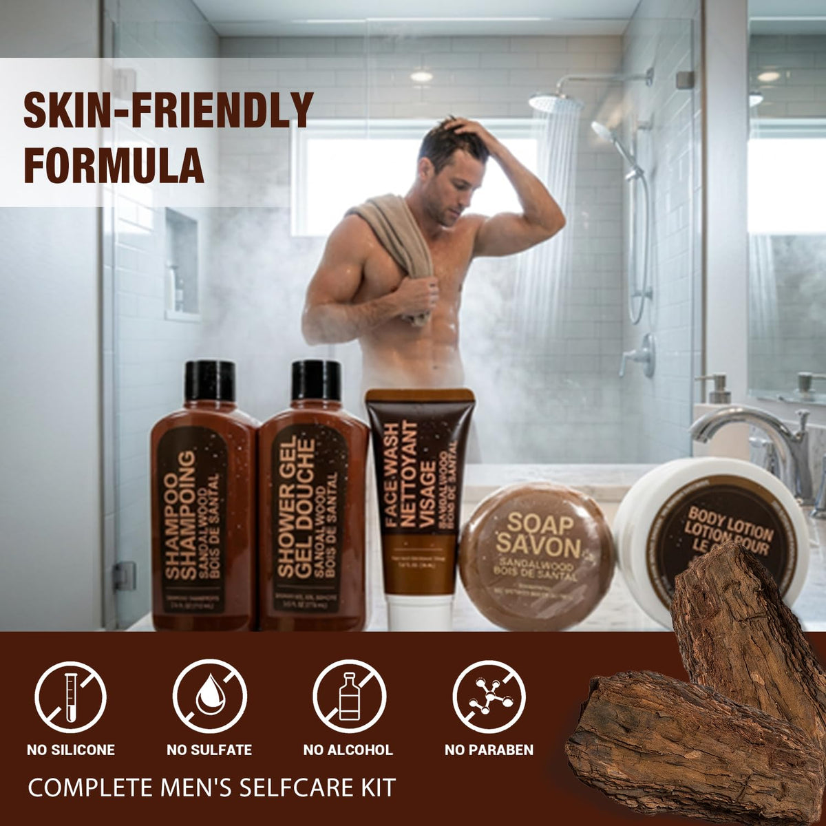 Gifts for Men 6pcs Sandalwood Gift Set Travel Size Toiletry with Shampoo, Body Lotion, Mens Gift Birthday Anniversary Gift Sets for Men, Christmas Self Care for Boyfriend Husband, Fathers Day Gifts
