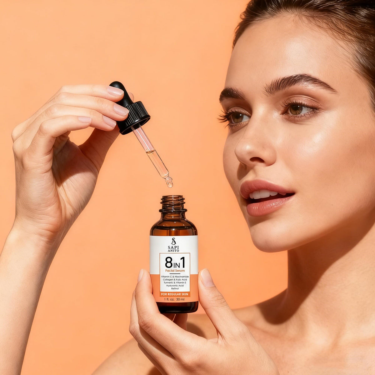 Sapi Anito 8-in-1 Facial Serum for Regular Skin, 1 fl oz (30 ml) – Vitamin C, Niacinamide, Hyaluronic Acid, Retinol, Kojic Acid, Turmeric, Vitamin E & Collagen