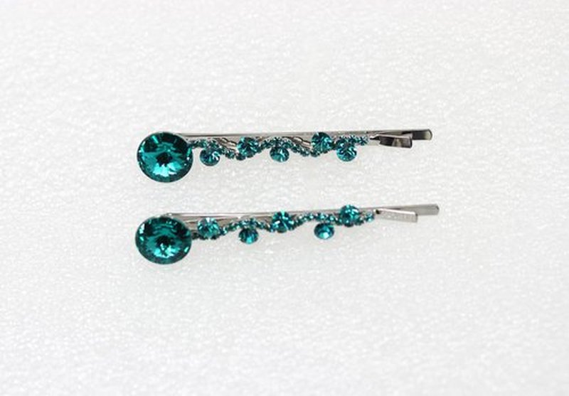 Faship A Pair Of Teal Premium Rhinestone Crystal Rhinestone Floral Hair Clips 2 Pcs Pins - Teal