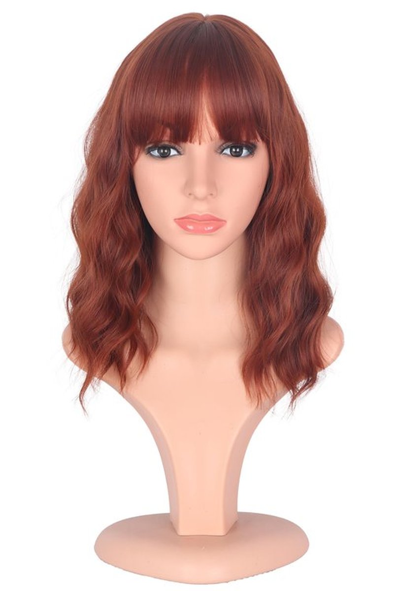 SYMEIW Red Wavy Bob Wig with Bangs Short Wavy Red Color Wigs for Women Bob Style Synthetic Heat Resistant Bob Wigs