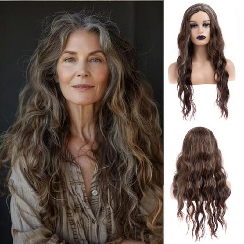 Wiwige Long Wavy Brown Wig for Women Middle Part Curly Mixed Brown Wig Heat Resistant Synthetic Hair Wigs for Daily Use