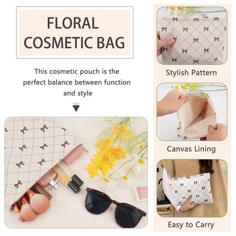 ZLFSRQ Corduroy Makeup Bag for Women Preppy Large Capacity Cosmetic Bag Travel Toiletry Organizer Pouch for Purse Zipper Makeup Brushes Storage Tote Bag Cute Y2K Aesthetic Essentials Bag（Khaki Bow）