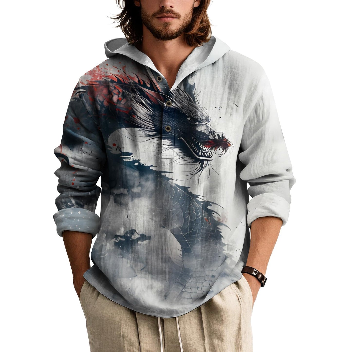 LOAIHA Men's Ink Wash Sweatshirt Long Sleeves Button Down Pullover Vintage Printed Oversized Casual Hooded Sweatshirts