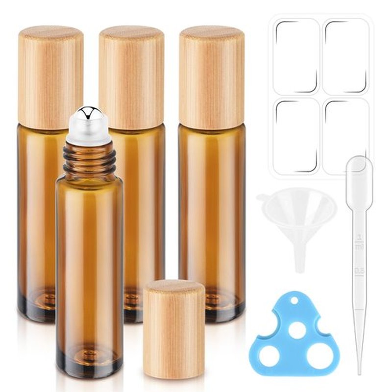 4 Pack, Essential Oil Roller Bottles, Amber Glass Roller Balls for Essential Oils, 10ml Empty Rollerball Bottles for Travel Refillable Roll on Perfume Bottles with Bamboo Plastic Caps