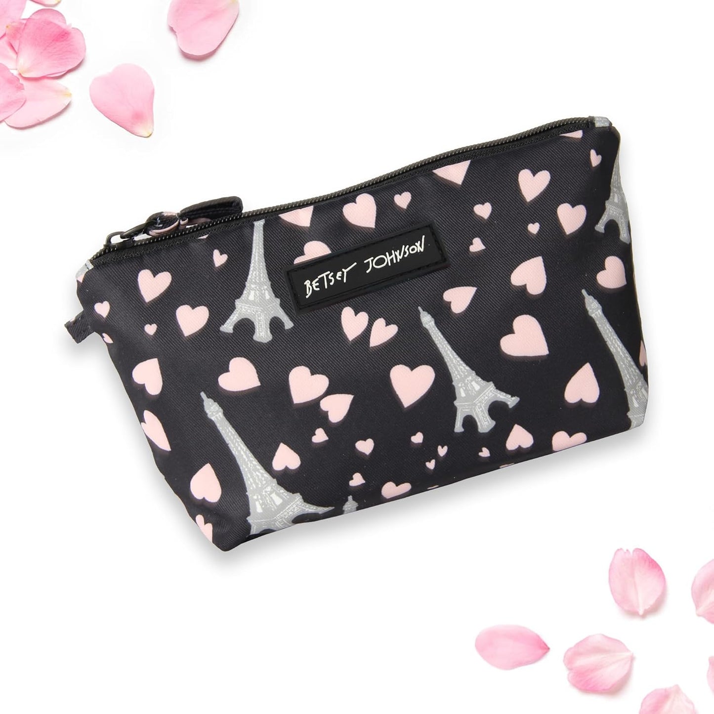 Betsey Johnson 8.5 Inch Zipper Cosmetic Pouch Small Toiletry Bag–Lightweight Durable Polyester Organizer with Inner Zipped Pocket Good For Makeup Accessories and Travel Needs (Covered Rose)