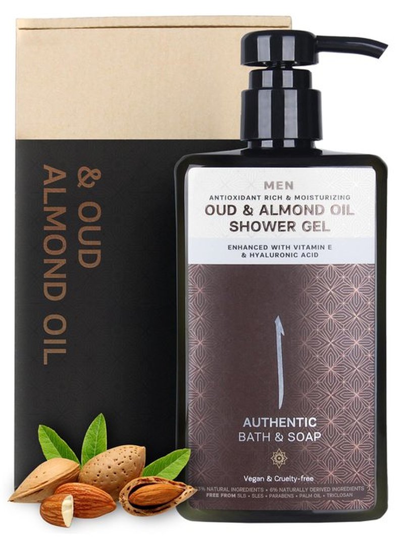 AUTHENTIC BATH & SOAP All Natural - Oud & Organic Sweet Almond Oil Mens Body Wash - with Vitamin E & Hyaluronic Acid, Moisturizing, Gentle Cleansing Shower Oil for Men, Cruelty Free & Vegan 16.9 Fl Oz