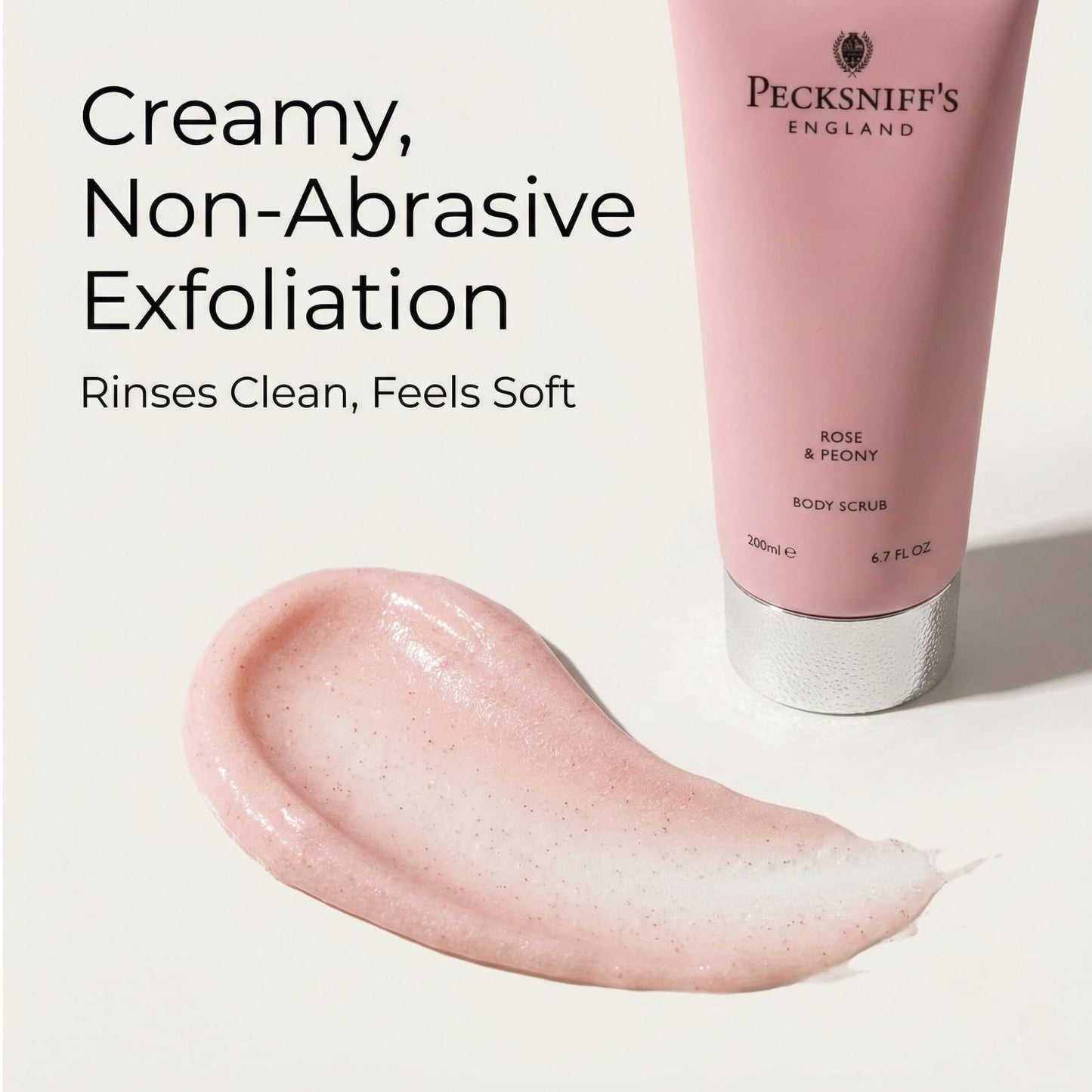 Pecksniff’s Rose and Peony Body Scrub 200ml, Gentle Exfoliating Body Polish with Floral Scent, Creamy Sugar Scrub for Smooth Soft Skin, Shower Exfoliator for Dry Dull Skin, UK Bath and Body