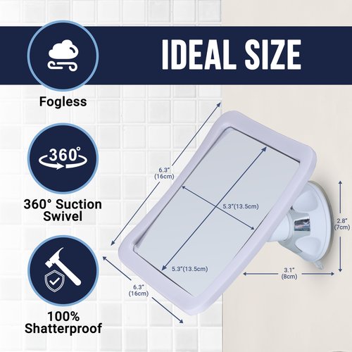 MIRRORVANA Fogless Shower Mirror for Shaving with Improved Suction and 360° Swivel - Unbreakable Fog Free Mirror for Men and Women - 6.3" x 6.3" (Pure White)