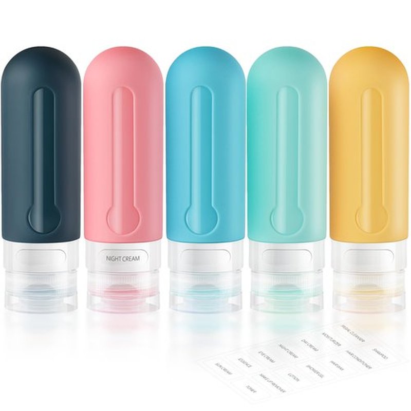 AMMAX Travel Bottles for Toiletries 3 oz with Labels Silicone Leak Proof Travel Size Containers for Shampoo Lotion Refillable Travel Bottles Portable Size as Reusable Travel Accessories 5 pack