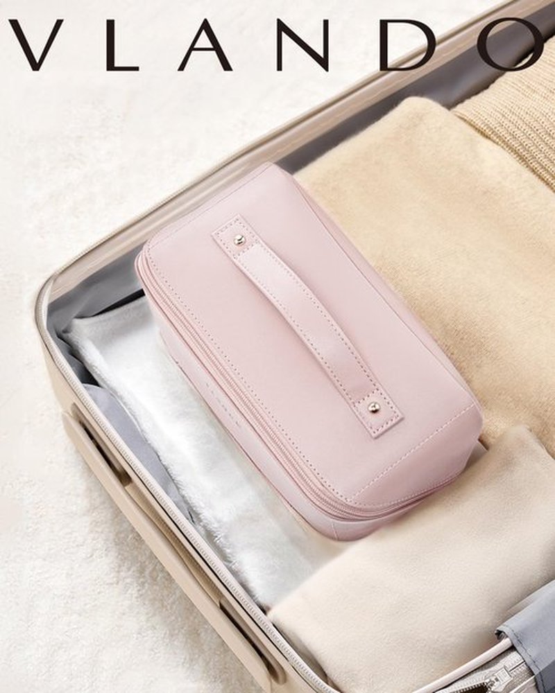 Vlando Travel Makeup Bag,Travel Toiletry Bag for Women Waterproof Portable Makeup Organizer Bag with Divider and Handle for Travel Essentials Skincare Brushes,Gifts for Women-Pink
