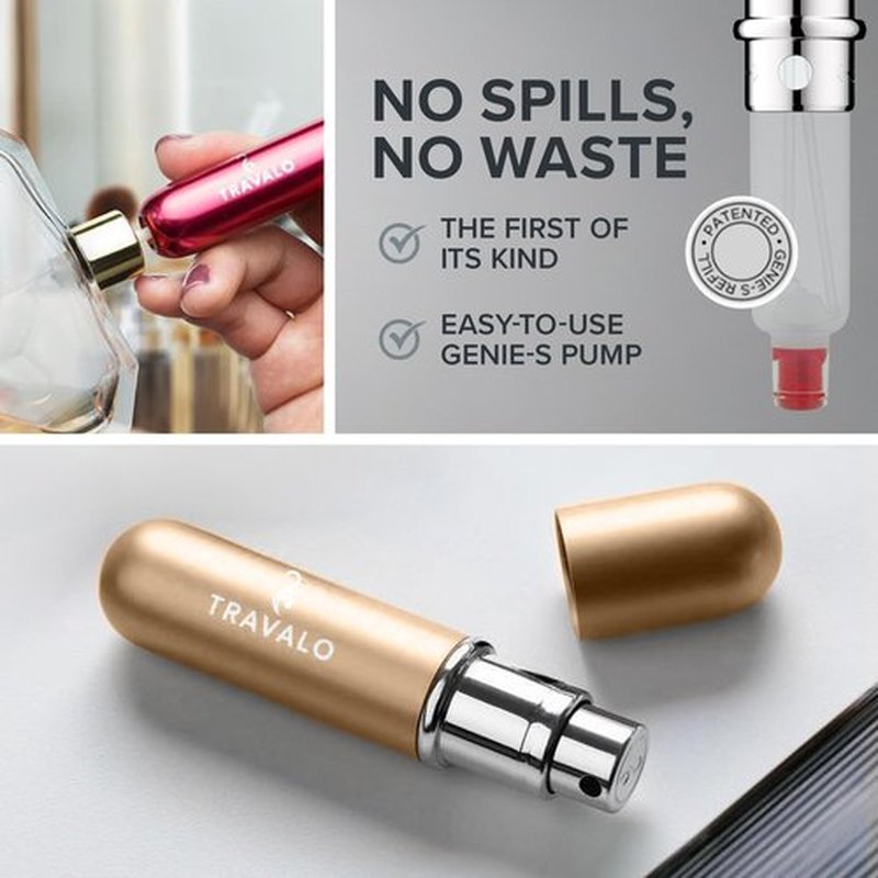 Travalo Classic HD Perfume Atomizer | Genie-S TSA Approved Travel Perfume Bottle Refillable | Reusable Airtight Easy-Fill Mini Pump Sprayer | Lightweight Elegant Design w/Volume Window | Gold 0.17oz