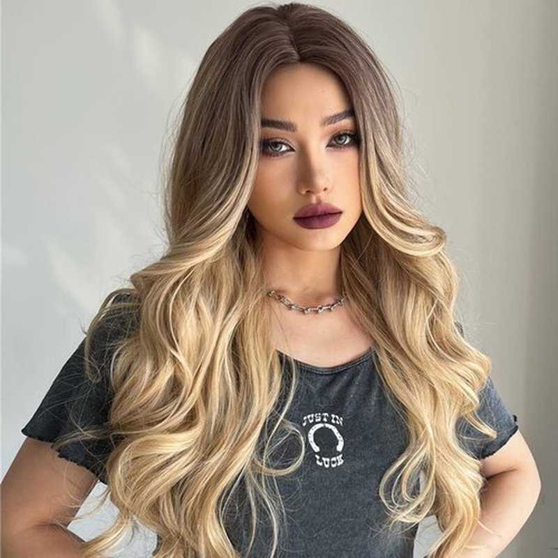 MAGQOO Brown Blonde Wig Dark Roots Ombre Blonde Wig Women Girls Long Curly Wavy Brown to Blonde Wigs Middle Part Heat Resistant Hight Density Synthetic Wigs (Brown Blonde)