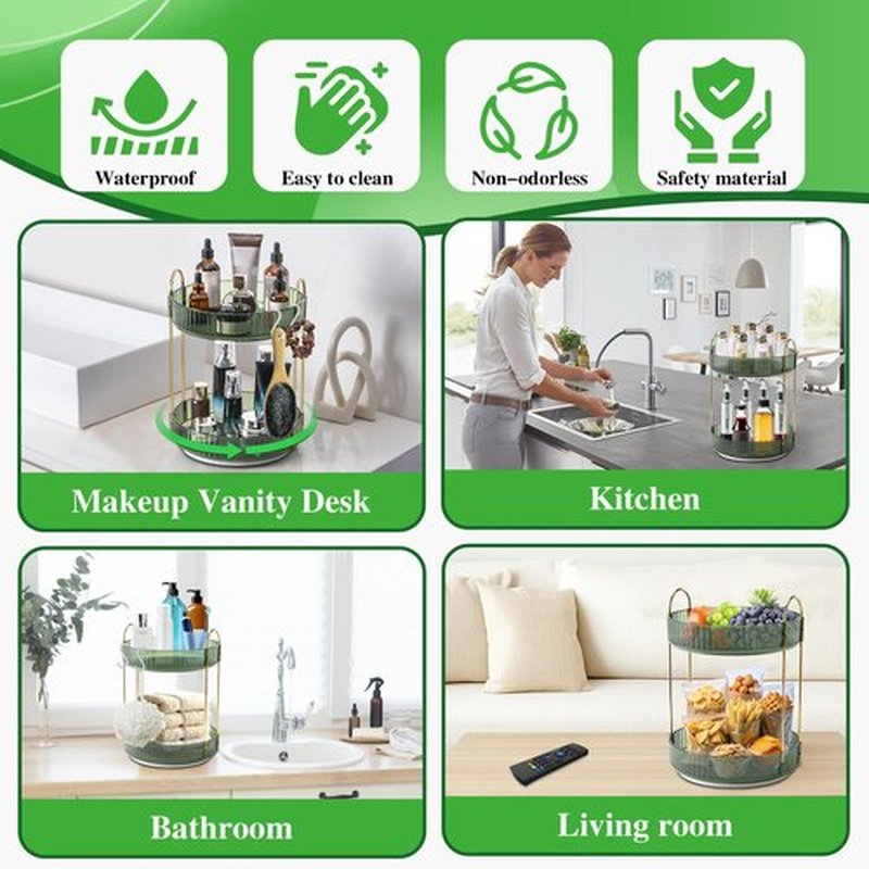 Makeup Organizer for Vanity,Large Skincare Make Up Storage 360° Rotating Perfume Organizers Cosmetic Dresser Organizer Countertop Organizer with Extra Hooks DIY Stickers for Bathroom
