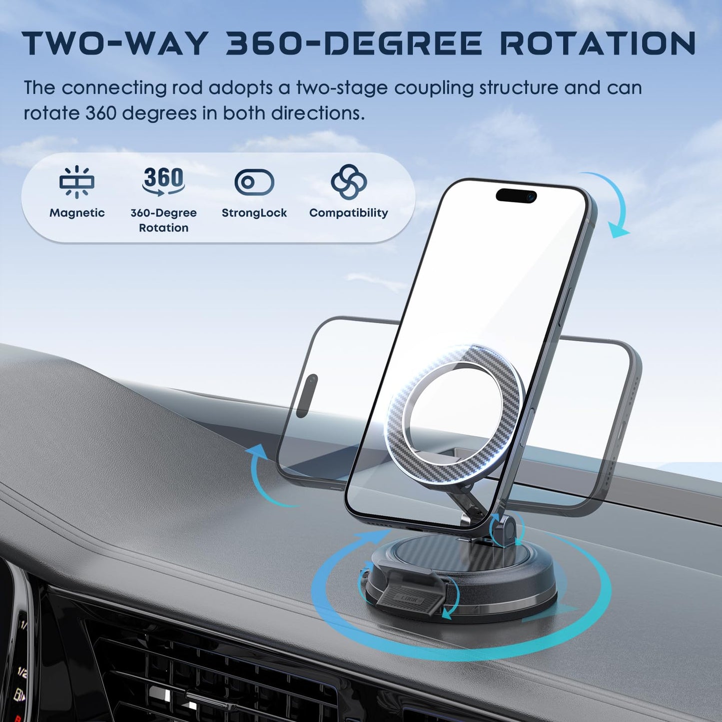 Beniduck Strong Magnetic Phone Holder for Car & Desk, Compatible with MagSafe, Secure Lock, Universal 360° Rota-Table Car Phone Mount for Dashboard, Glass, Table, Carbon Fiber