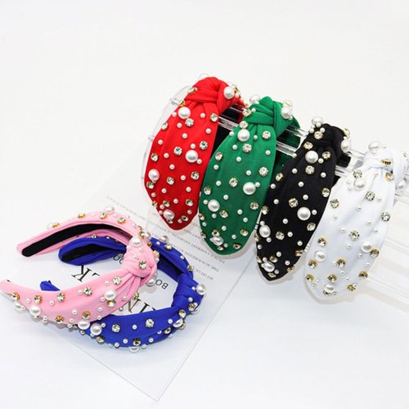 Mdscve Royal Blue Head Bands for Women's Hair Knotted Headband With Pearl Rhinestone Hair Bands for Women's Hair Non Slip Wide Top Girls Headbands Crystal Beaded Headwear Accessories