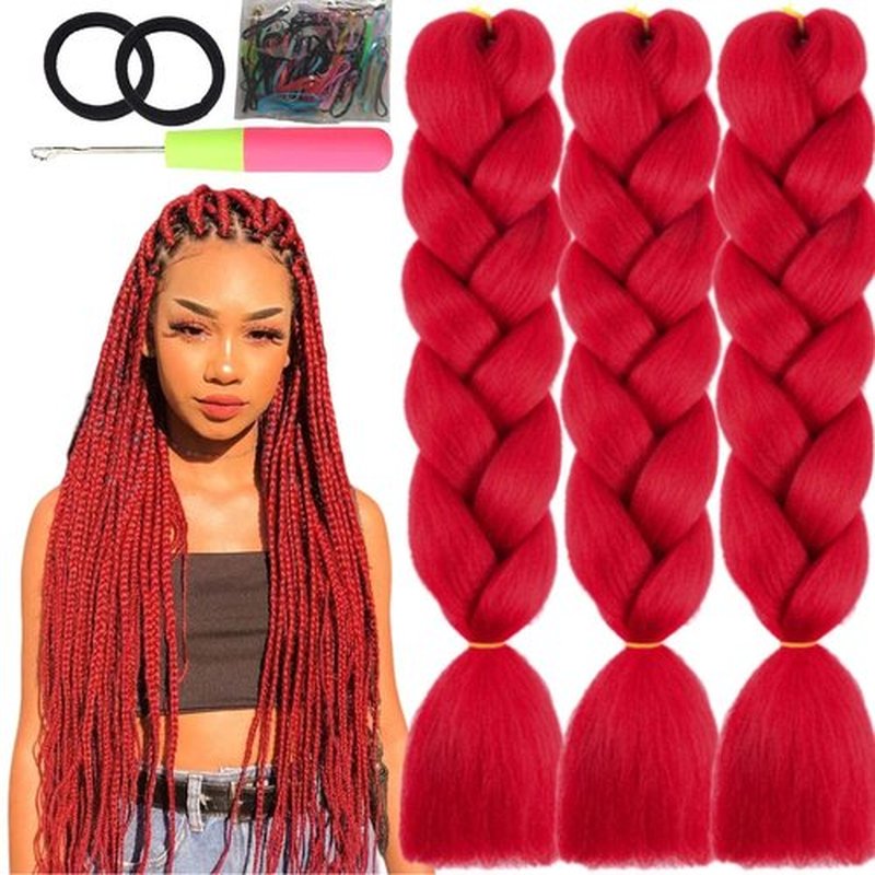 TENGSHUO FLY Red Braiding Hair 3 Packs Synthetic Braid Hair Extensions Jumbo Ombre Braiding Hair 24 Inch or Box Braids Twist Crochet Braids(24"3Pack,Red)