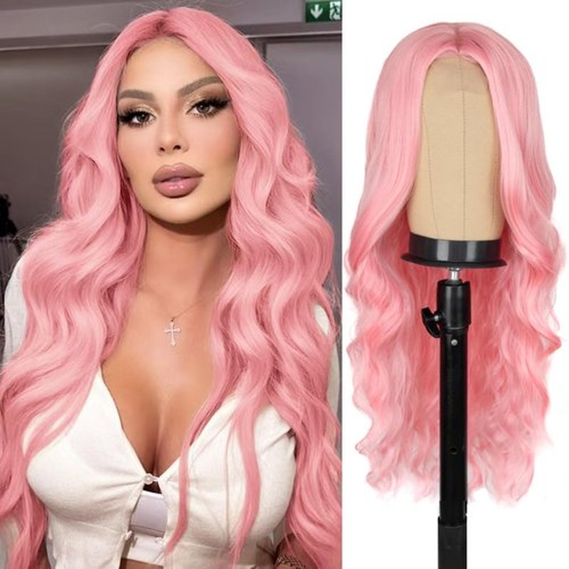 Long Pink Wig for Women 26 Inch Middle Part Wavy Women Charming Wigs Realistic Natural Looking Synthetic Heat Resistant Fiber Wig for Daily Party Use