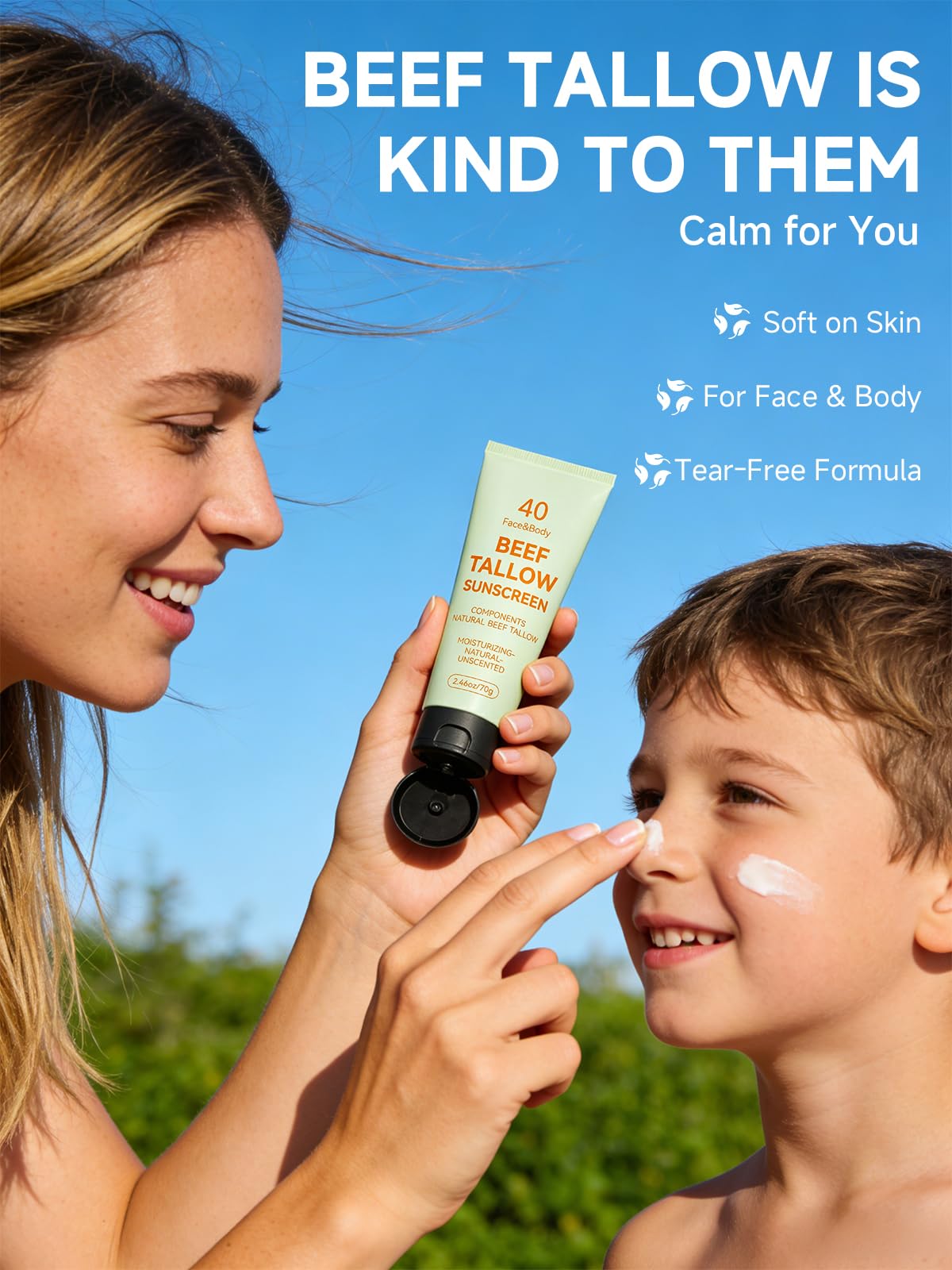 Beef Tallow Reef Safe Sunscreen SPF 40 for Face, Travel Size Natural Organic Non-Greasy Lightweight Formula For Women & Men, Summer Outdoor Sports Beach Home Office Daily Use, 2 Packs