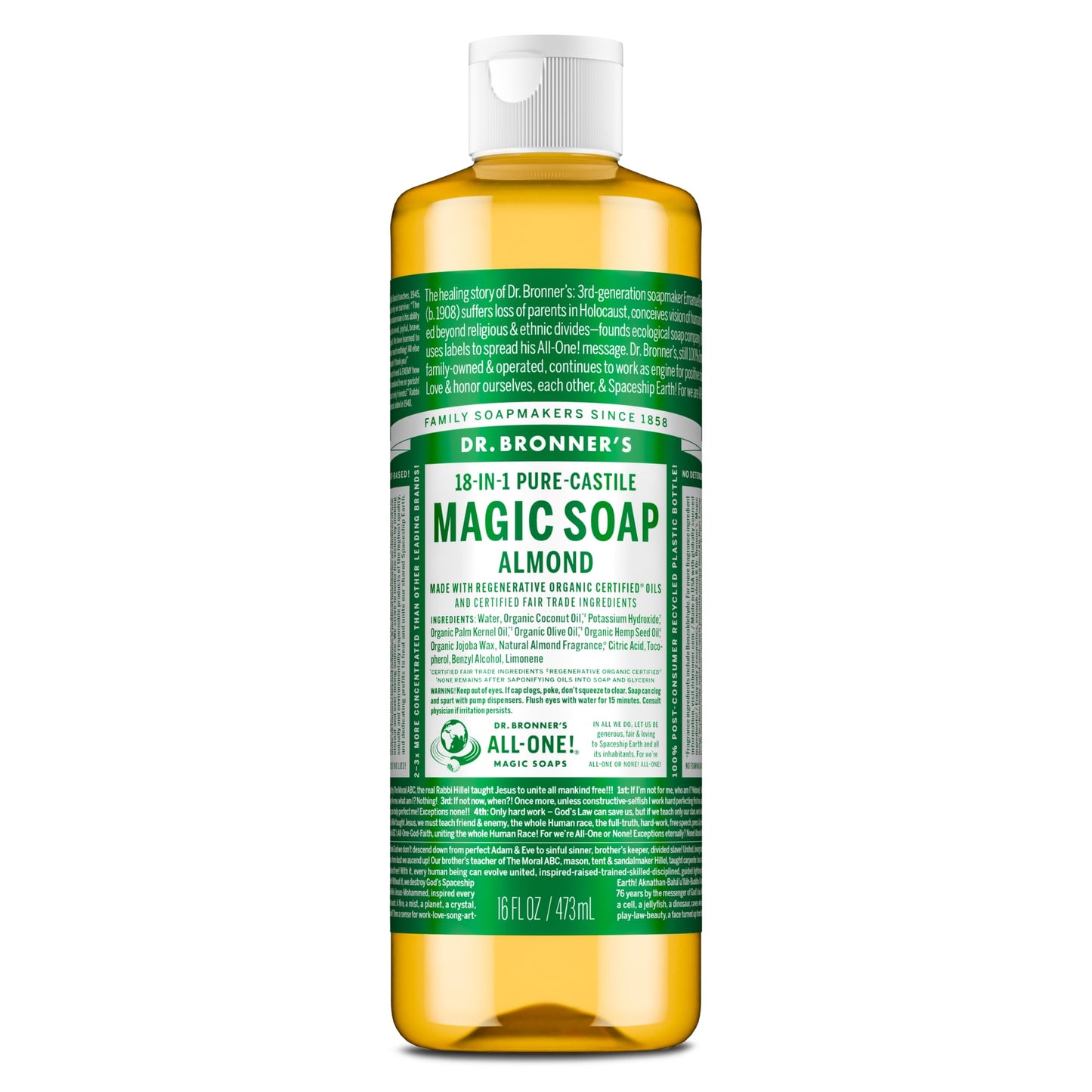 Dr. Bronner's Pure-Castile Magic Soap Liquid (Almond, 16 Ounce) - Made with Regenerative Organic Certified Oils, 18-in-1 Uses: Face, Body, Hair, Laundry, Pets and Dishes, Concentrated, Vegan, Non-GMO