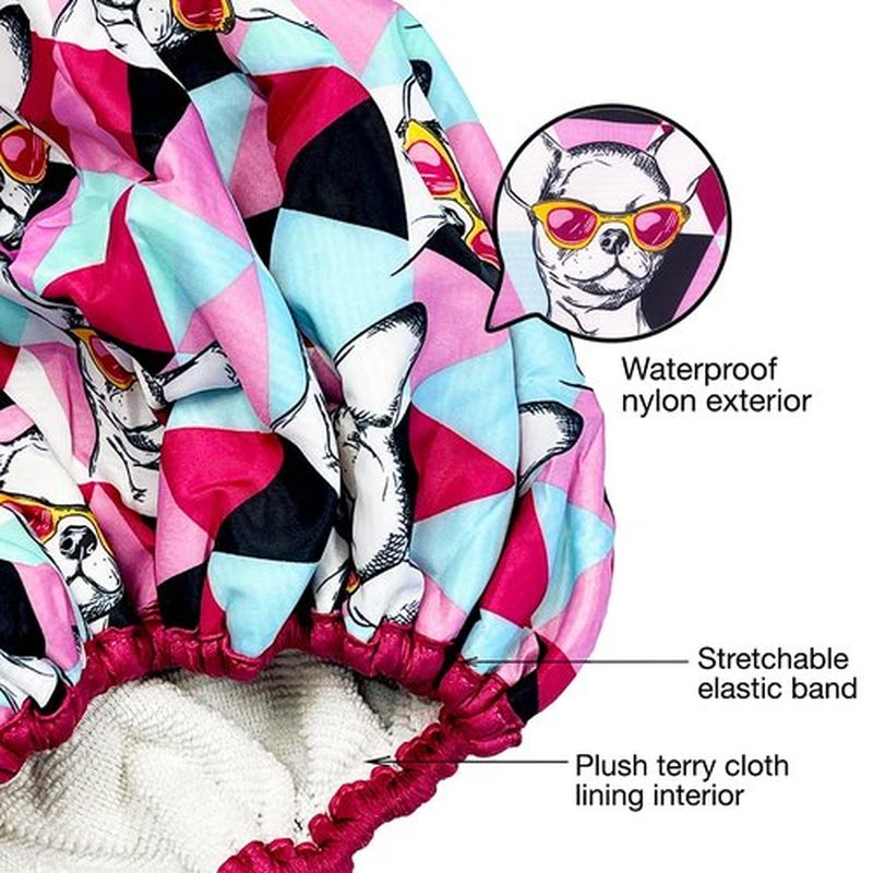 Reusable Nylon Shower Cap & Bath Cap, Reversible Oversized Waterproof Shower Caps Large Designed for all Hair Lengths w Terry Lining & Elastic Band Stretch Hem Hair Hat - Socialite Ay Chihuahua