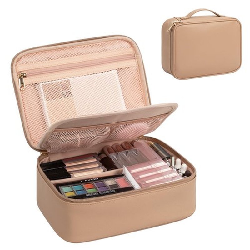 Makeup Bag, Potable Make up Bag Cute Makeup Organizer Bag for Toiletry Cosmetics Accessories with Divider and Brushes Compartments, Makeup Travel Case Cosmetic Bags Women and Girls- Beige Apricot