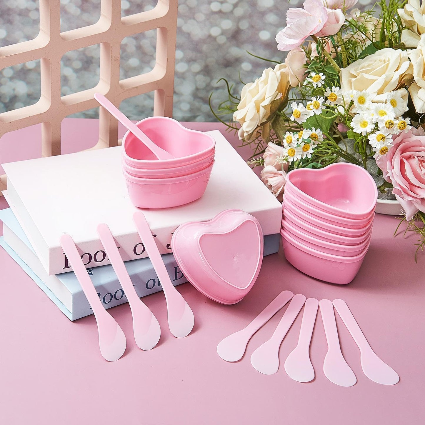 Teenyyou 15 Sets Facial Bowls for Esthetician, Pink Facial Mask Mixing Bowls Set with Spatula, Heart Shape Facemask DIY Skin Care Mixing Tool Kit Esthetician for Lady Women Home Beauty Salon Hair Dye