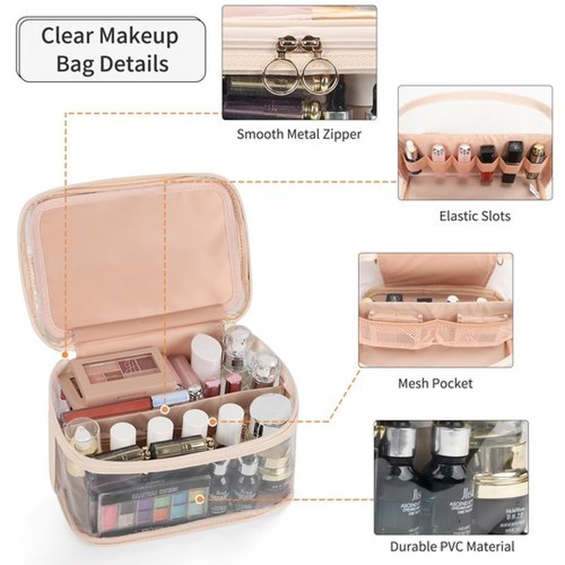 OCHEAL Makeup Bag, Clear Makeup Organizer Bag Portable Cosmetic Bag, Cute Transparent Makeup Case For Women and Girls traveling Storage with zipper Divider Brush Compartment-Clear Beige white