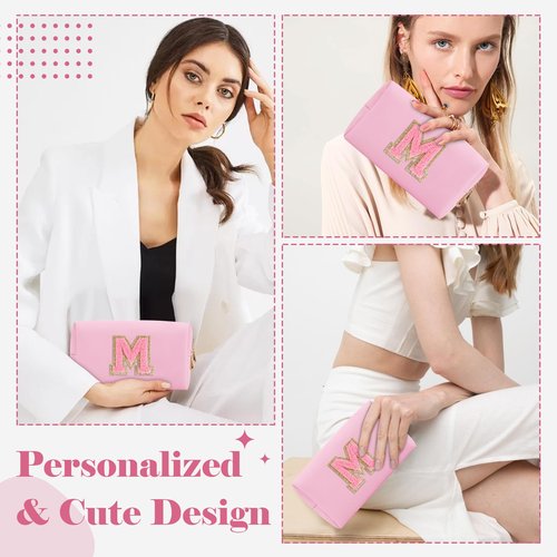 Personalized Initial A-Z Preppy Patch Makeup Bag,Small PU Leather Chenille Letter Cosmetic Bag with Zipper for Teen Girls,Pink Cute Travel Toiletry Bag,Birthday Monogrammed Gift for Daughter,Letter M