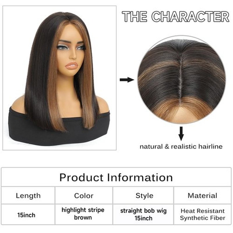 Highlight Bob Wigs Skunk Stripe Bob Wigs Glueless Straight Wigs For Women Synthetic Heat Resistant Fiber Hair long bob wig Middle Part Skunk Stripe Bob Wigs medium length wigs for women 16inch