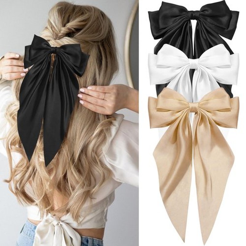 Hair Bows for Women Girls Silky Satin Big Bows Hair Barrettes Oversized Hair Accessories Long Tail Hair Ribbons -3Pcs -Black White Khaki