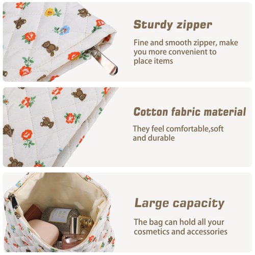 ZLFSRQ Cotton Quilted Makeup Bag Travel Cute Floral Cosmetic Bag for Women Large Coquette Flower Bear Makeup Pouch Zipper Cosmetic Pouch for Purse Aesthetic Makeup Organizer Portable Toiletry Bag