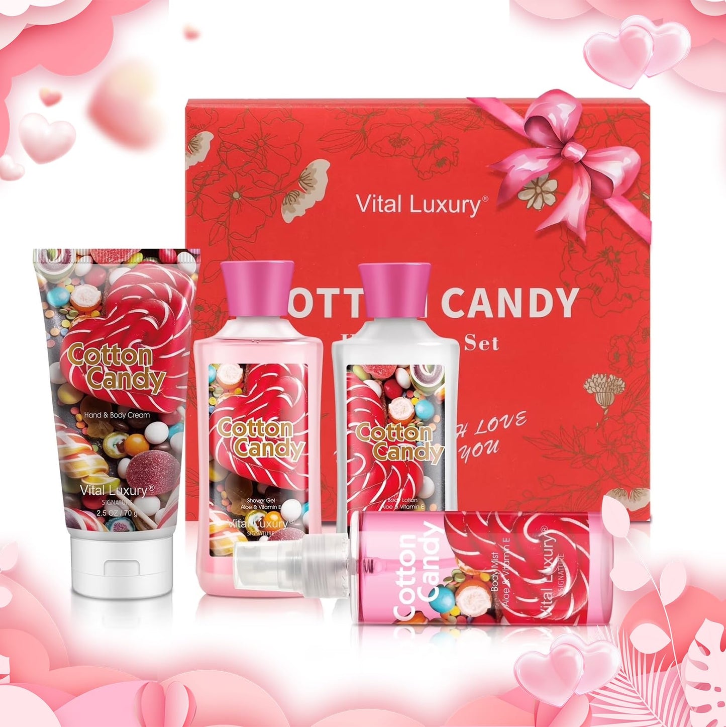 Vital Luxury Cotton Candy Bath and Body Gift Set - 4-Piece Travel Kit with Body Lotion, Shower Gel, Body Cream & Fragrance Mist (3 Fl Oz) - Natural Extracts, Personal Self Care Kit for Women/Men