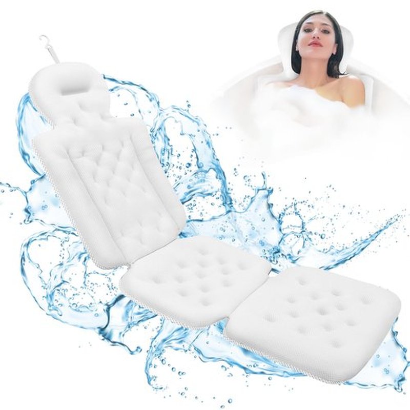 Full Body Bath Pillow for Bathtub, Bath Pillows for Tub with Powerful Non-Slip Suction Cups and Mesh Laundry Bag, Luxury Tub Pillow for Bath for Headrest Neck and Back Support White