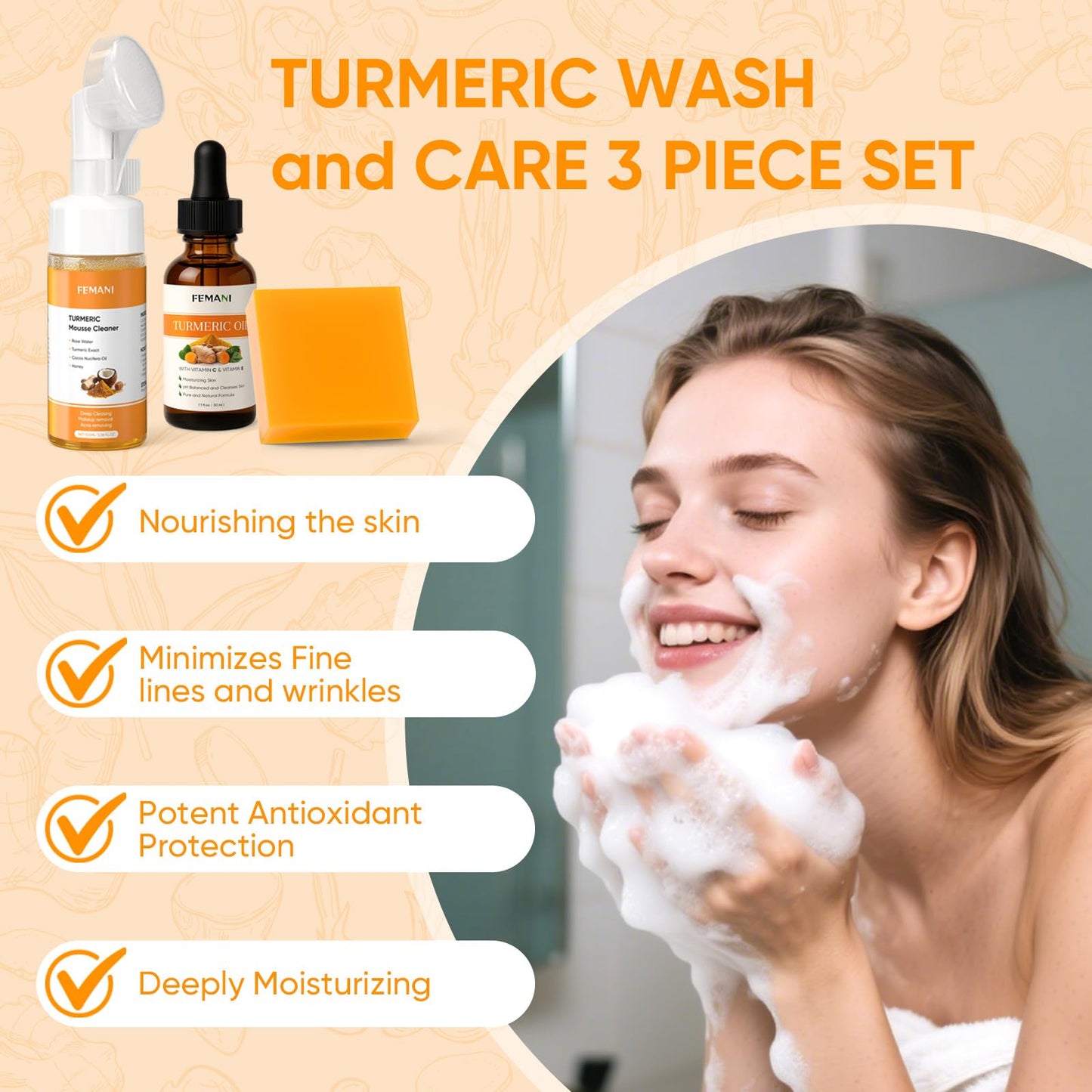 Turmeric Face Wash Set, Turmeric Facial Cleanser & Turmeric Soap Bar & Oil for Face & Body Suit to All Skin Type, Protect Sensitive Skin Improve Skin Condition Soothing Irritation