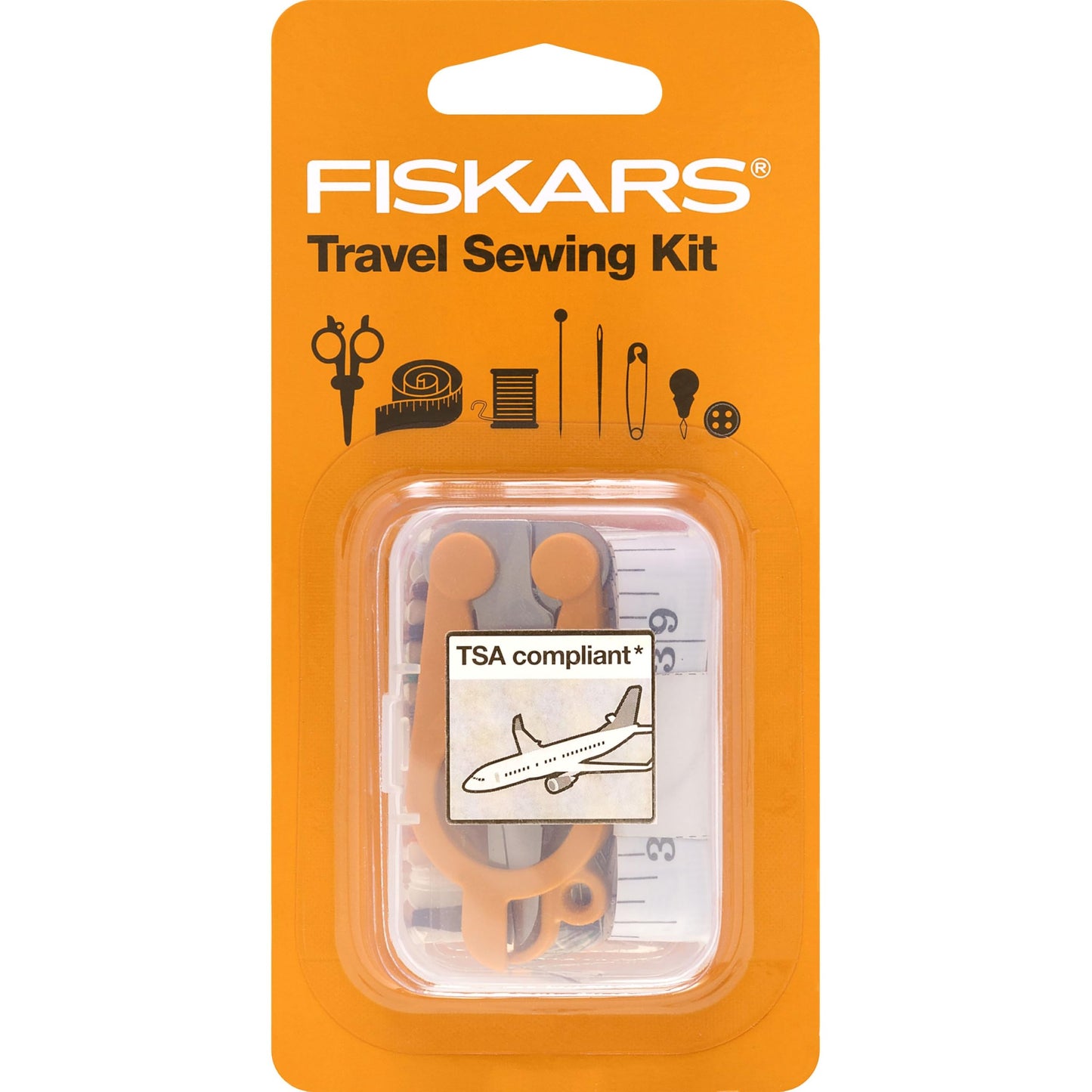 Fiskars Compact Travel Sewing Kit, TSA compliant Folding Scissors, 27-Piece Repair Set for Buttons and Hemming, Threads, Needles, 39” Measuring Tape, Small Size for Purses and Carry on, Orange