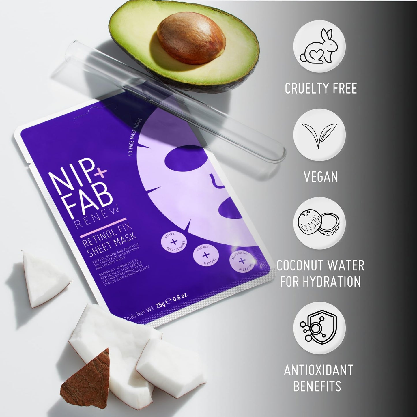 Nip + Fab Retinol Fix Sheet Mask for Face with Coconut Water, Edelweiss Flower Extract, Hydrating Gel Facial Mask for Refining Minimizing Pores, 0.8 Fl Oz,Multi,SKRETSMSK