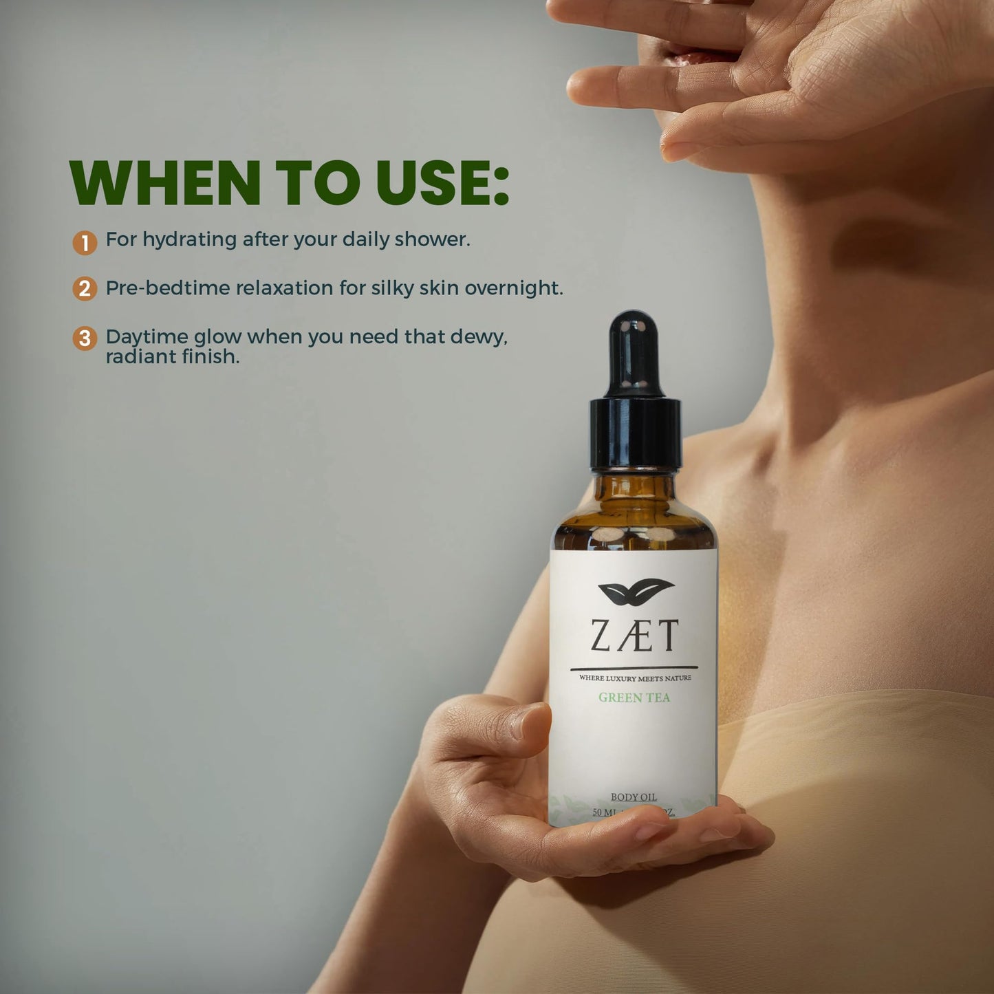 ZAET Green Tea Scented Body Oil 50 ml – After Shower Use – Ultra-Moisturizing with a Fresh, Refined Fragrance – Helps Improve Skin Elasticity – Essential Skin Care for Men & Women
