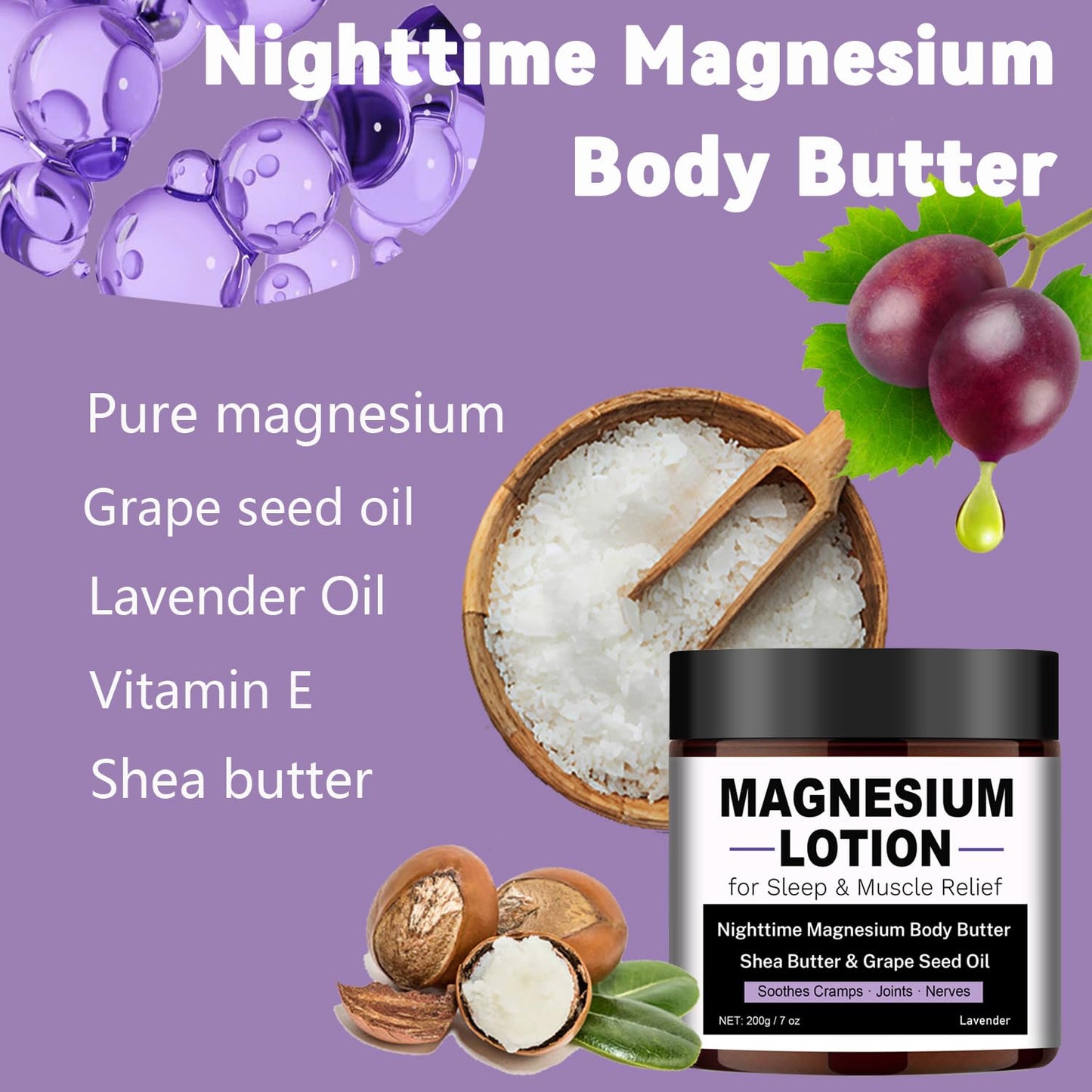 Magnesium Lotion for Sleep & Muscle Relief - Nighttime Magnesium Body Butter with Lavender, Shea Butter & Grape Seed Oil - Soothes Cramps, Joints & Nerves - Skin-Friendly & Kid-Safe, 7 oz