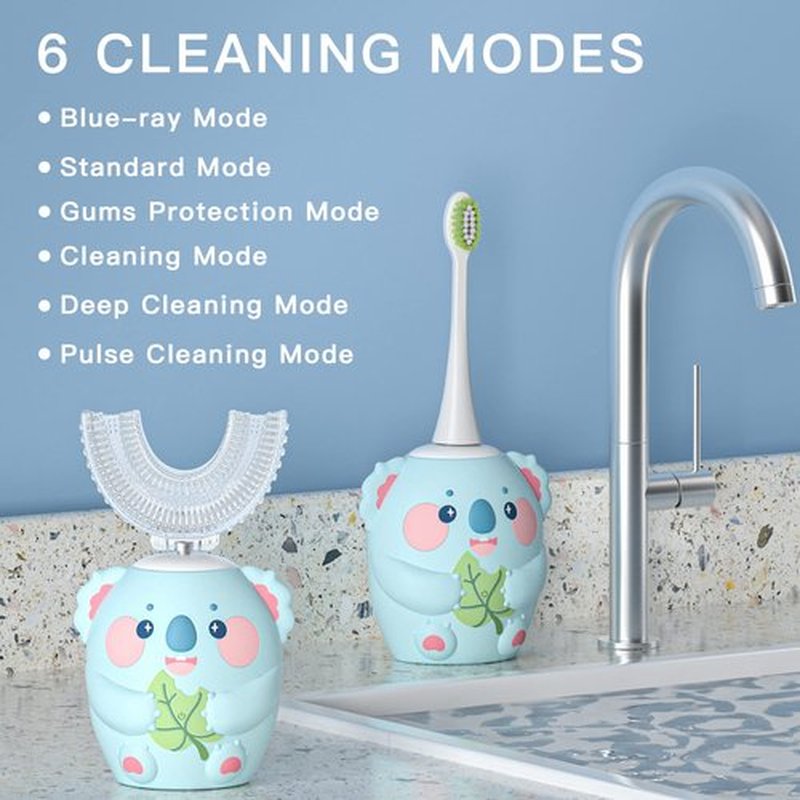 ELOTAME Cartoon Kids U Shaped Electric Toothbrush with 4 Brush Heads,Full Mouth 360-Degree Cleaning Sonic Automatic Toothbrush with IPX7 Waterproof (2-7 Age Blue with Cup)