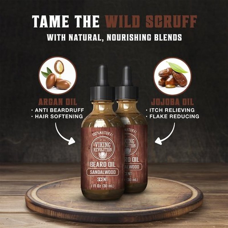 Viking Revolution Sandalwood Beard Oil for Men - Natural Mens Beard Oil with Argan Oil and Jojoba Oil - Beard Softener, Strengthens and Moisturizes - Beard Conditioner for Men (Sandalwood, 2 Pack)