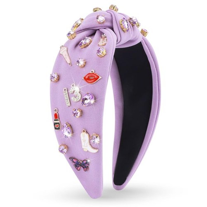 Music Jeweled Knotted Headband for Women, Guitar Red Lip Microphone Rhinestone Crystal Embellished Top Knot Hairband, Fashionable Hair Accessories for Singer Fans Birthday Concert Gift (Purple)