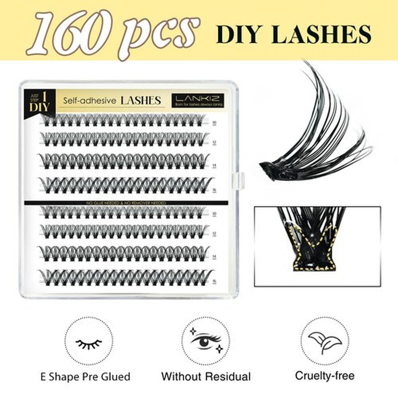 LANKIZ Self Adhesive Lashes Clusters, 160pcs Reusable Self Adhesive Eyelashes, 30D No Glue Individual Lashes, Natural Pre Glued Eyelashes Wispy, DIY Glueless Adhesive Lashes