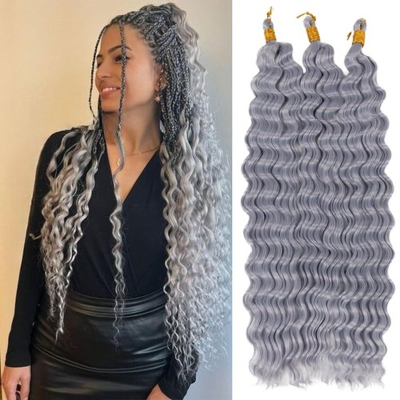 Ocean Wave Crochet Hair 20 inch 3packs Deep Wave Crochet Hair Synthetic Wave Curly Braiding Hair Extensions Ocean Wave Braiding Hair for Black Women (20 inch, Grey)