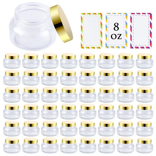 48 Pack 8 Oz Plastic Containers With Lids and Waterproof Label BPA Free - Refillable Transparent Cosmetic Containers for Body Butter,Sugar Scrubs,Cream,Lotions,Candy,Bath Salt (48, Gold)