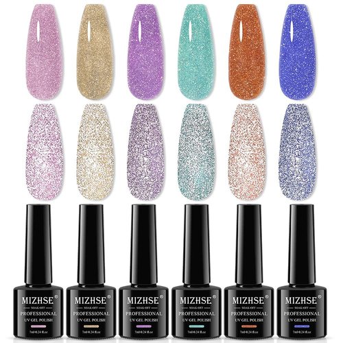 MIZHSE Reflective Jelly Gel Nail Polish 6 Pcs, Glitter Diamond Flash Disco Gel Polish Sparkle Pink Gold Green, Macaron Pink Purple Green Blue Soak Off UV LED Home Salon Manicure Set 7ml