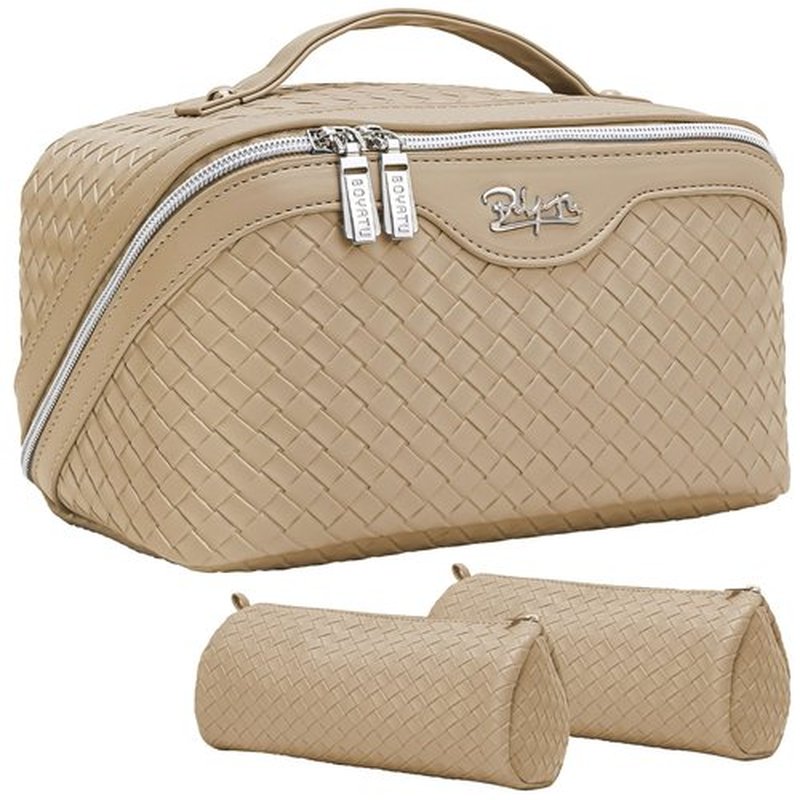 BOYATU Makeup Bag Travel Cosmetic Case: Large Capacity Woven Cosmetic Bag Organizer - Portable Toiletry Bags with Handle for Women 1-Z-Apricot